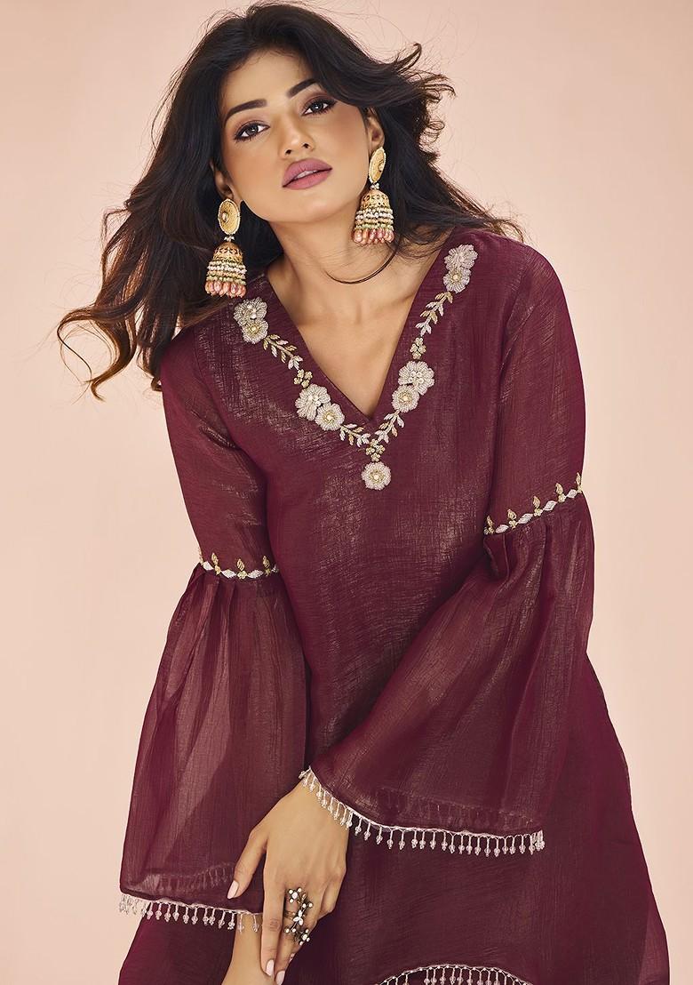 Maroon Embroidered Poly Blend Kurta Sets