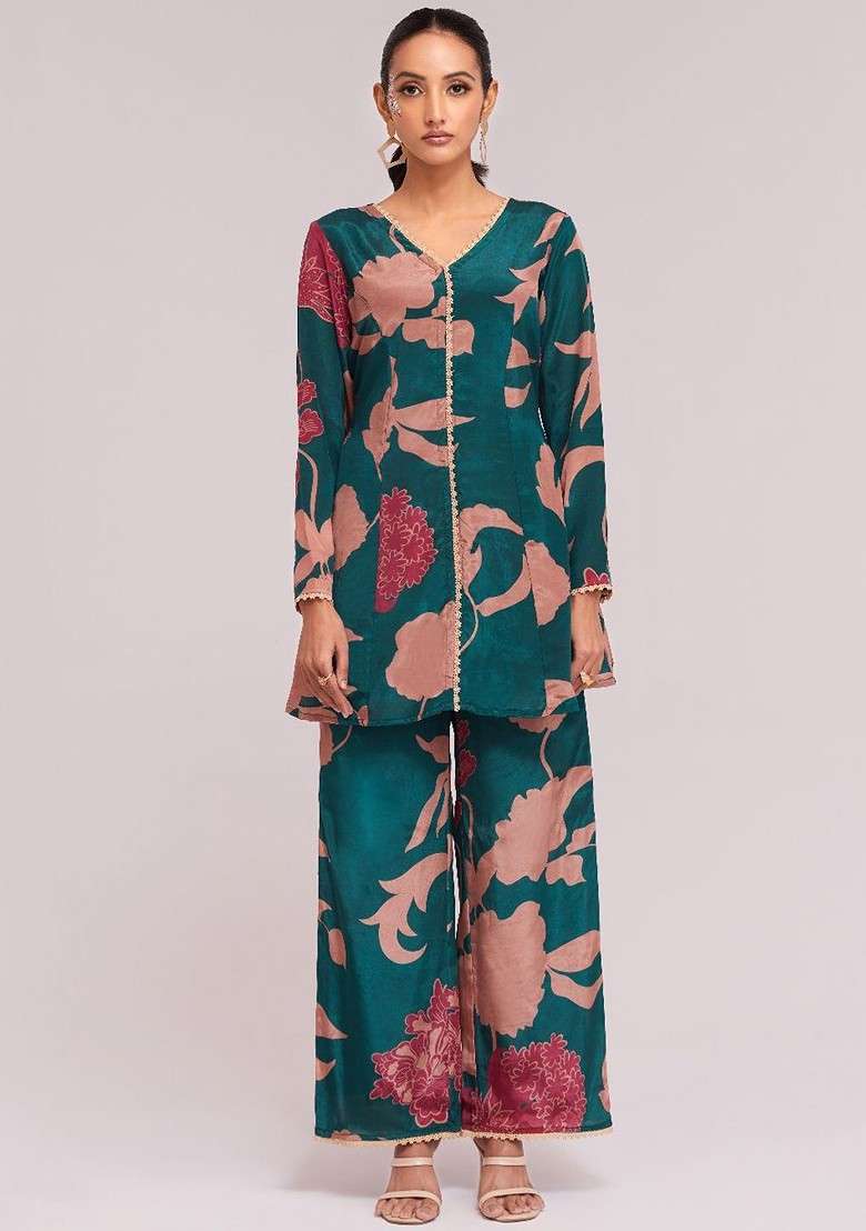 Green Printed Poly Blend Fusion Set - Indya