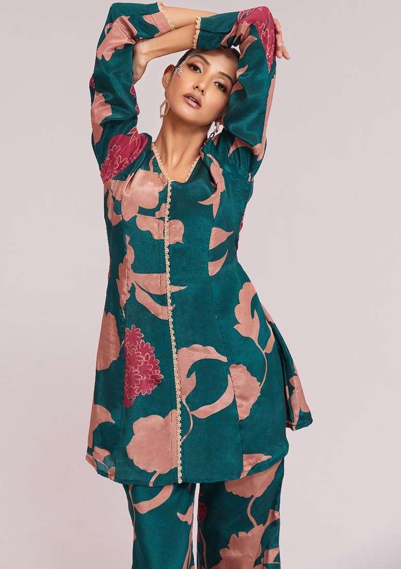 Green Printed Poly Blend Fusion Set - Indya
