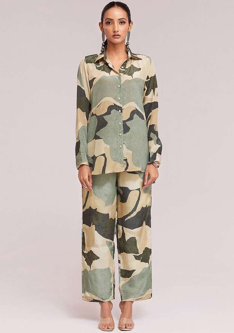 Green Printed Poly Blend Fusion Set - Indya