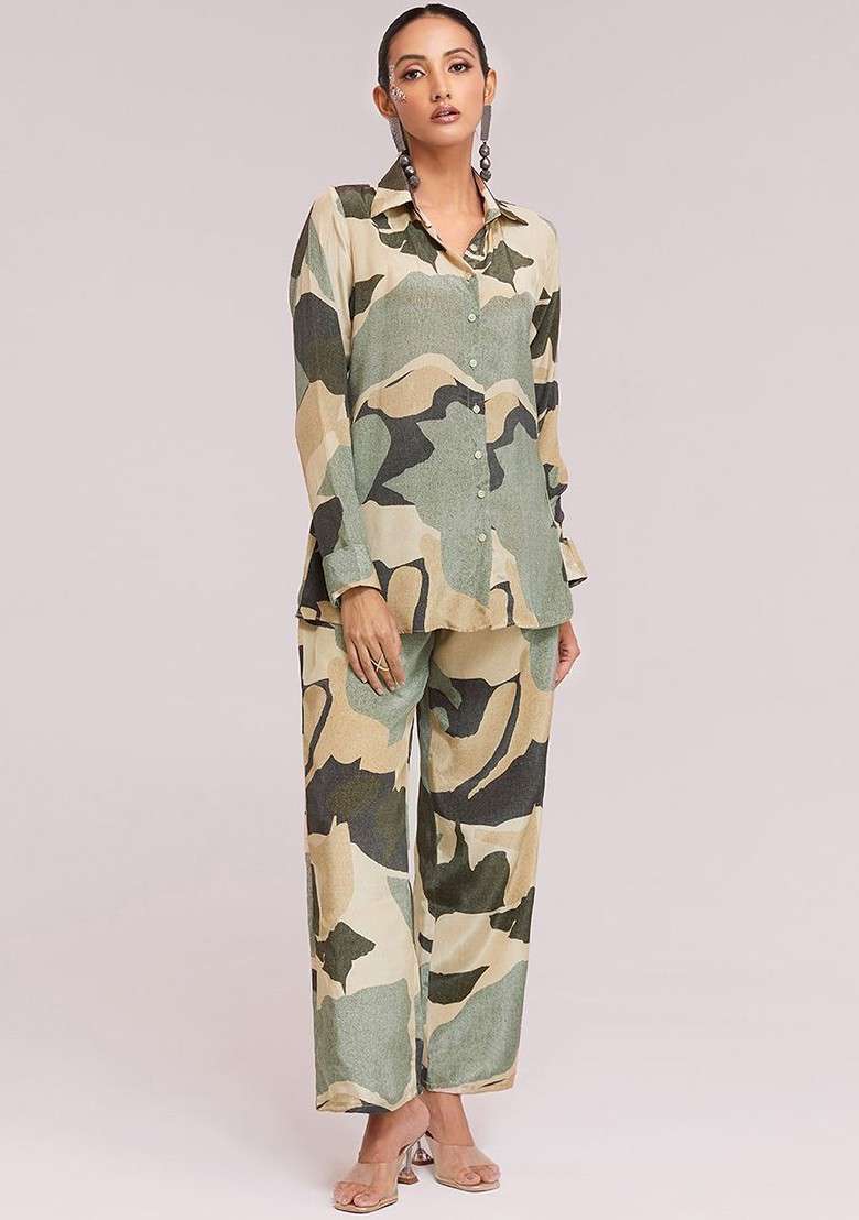 Green Printed Poly Blend Fusion Set - Indya