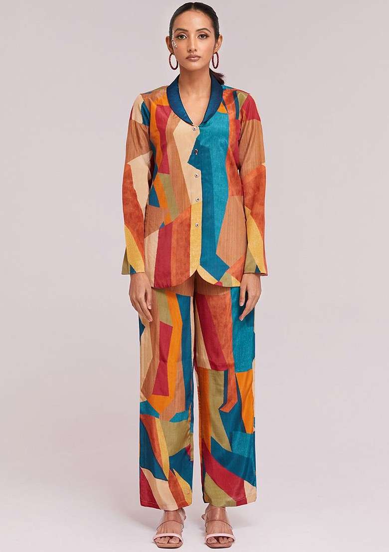Orange Printed Poly Blend Fusion Set - Indya