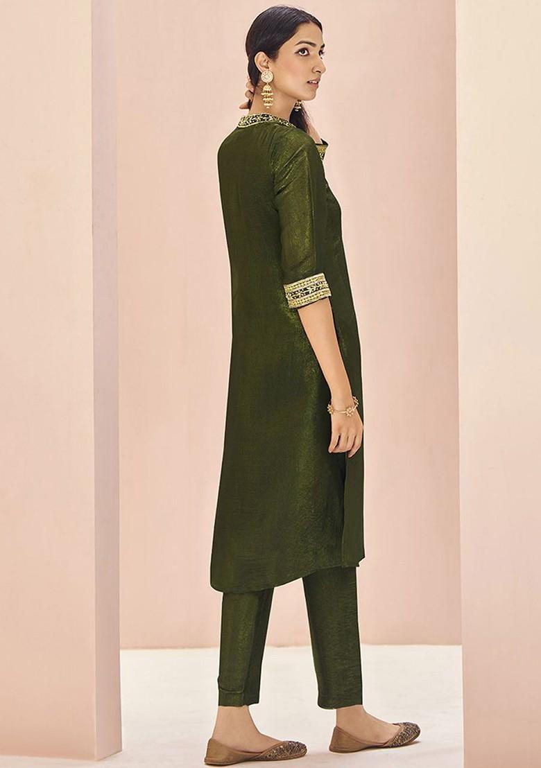 Olive Embroidered Poly Blend Kurta Sets