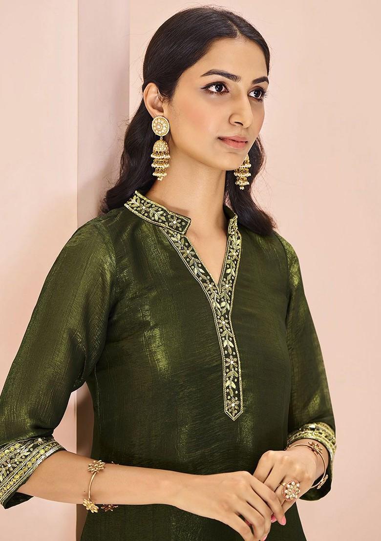Olive Embroidered Poly Blend Kurta Sets