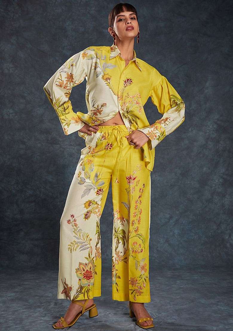 Yellow Printed Poly Blend Fusion Set - Indya
