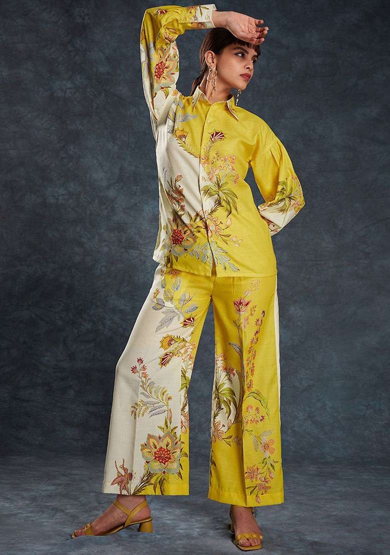 Yellow Printed Poly Blend Fusion Set - Indya