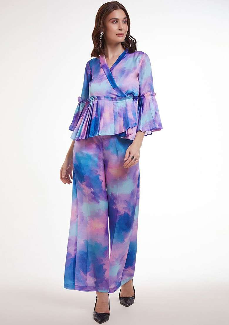 Blue Printed Poly Blend Fusion Set - Indya