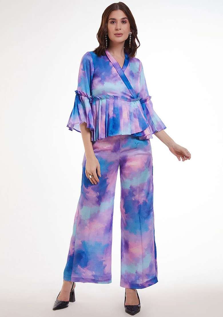 Blue Printed Poly Blend Fusion Set - Indya