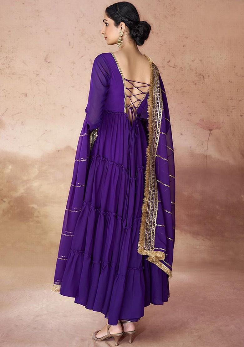 Purple Solid Poly Blend Kurta with Dupatta