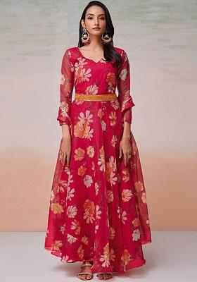 Red Printed Poly Blend Kurta with Dupatta