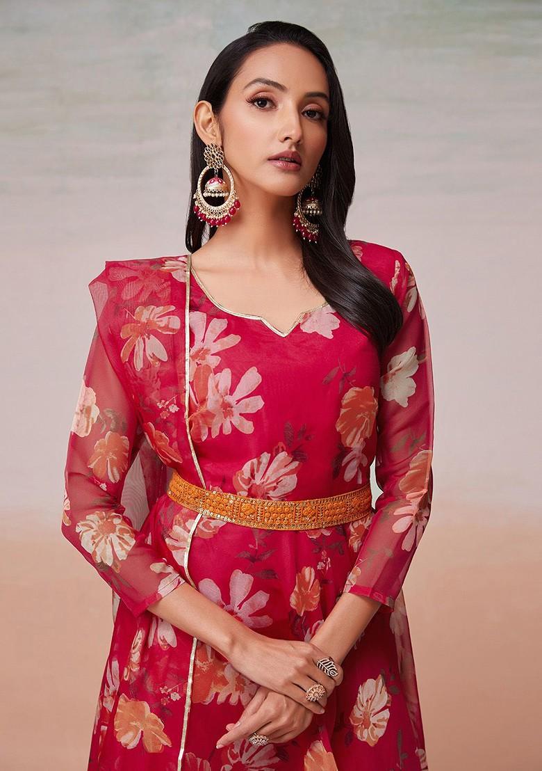 Red Printed Poly Blend Kurta with Dupatta