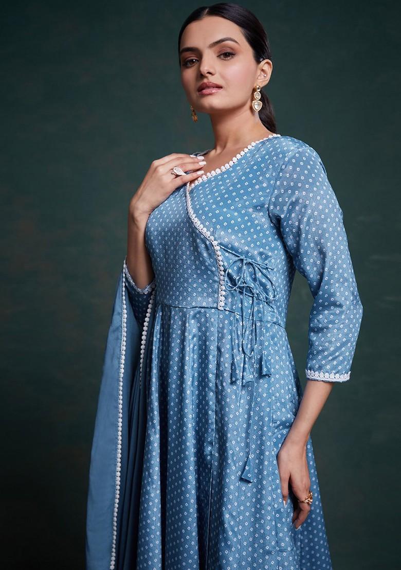 Blue Printed Poly Blend Kurta Sets