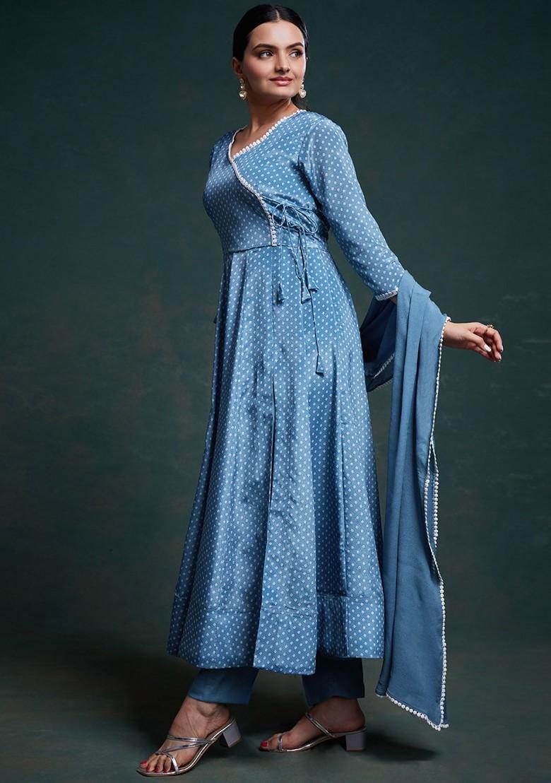 Blue Printed Poly Blend Kurta Sets