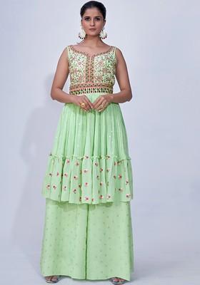 Green Mirror Work Poly Blend Kurta Sets