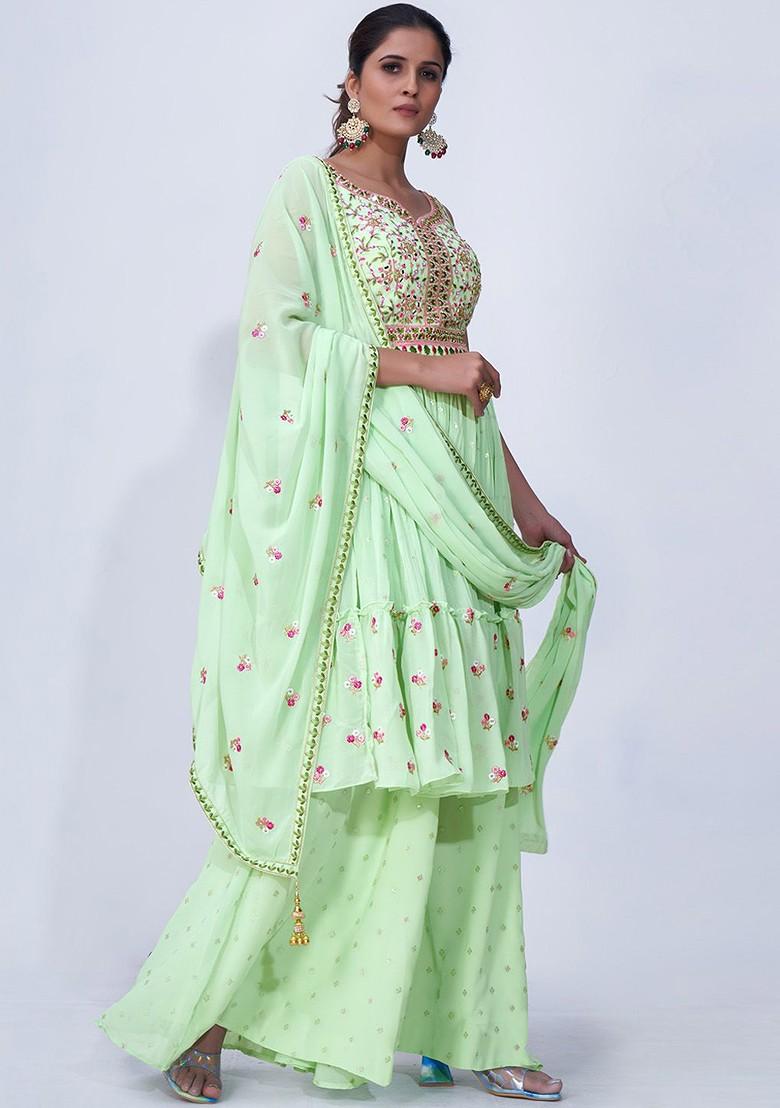 Green Mirror Work Poly Blend Kurta Sets