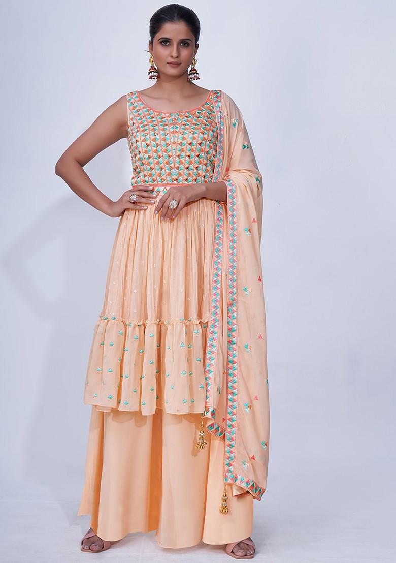 Peach Mirror Work Poly Blend Kurta Sets