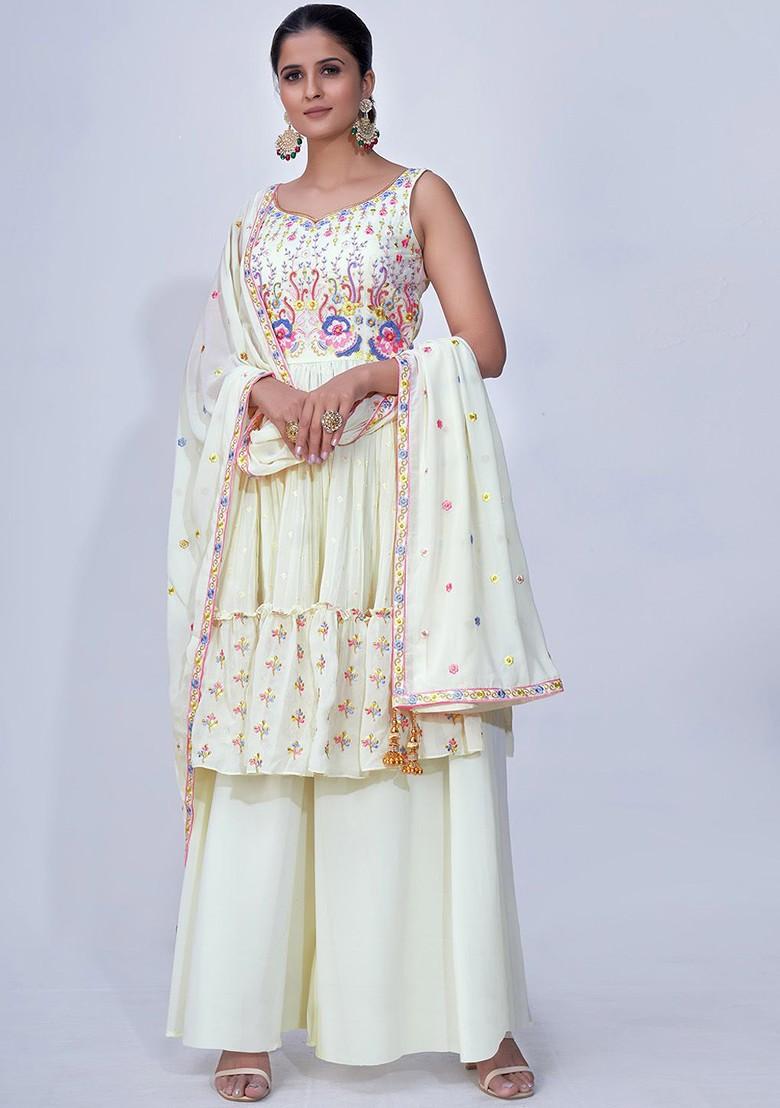 White Mirror Work Poly Blend Kurta Sets