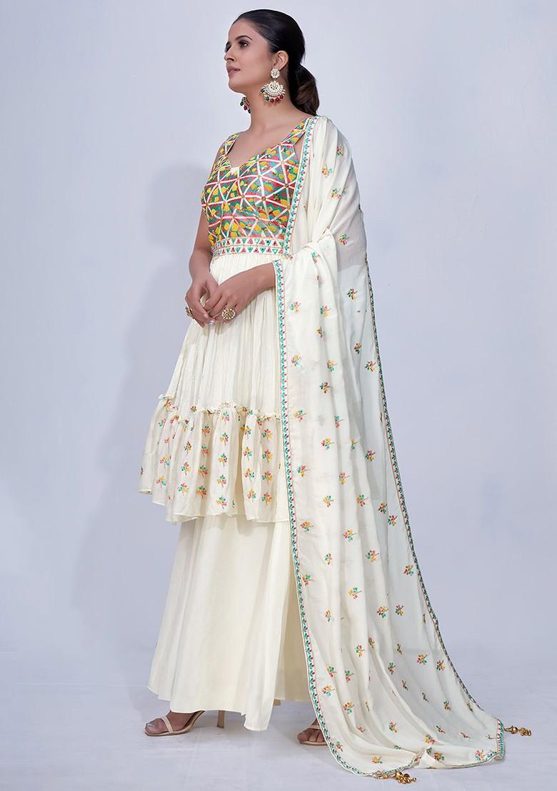 White Sequin Embroidered Poly Blend Kurta Sets