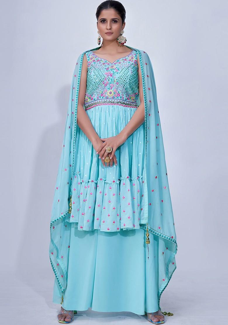 Blue Mirror Work Poly Blend Kurta Sets