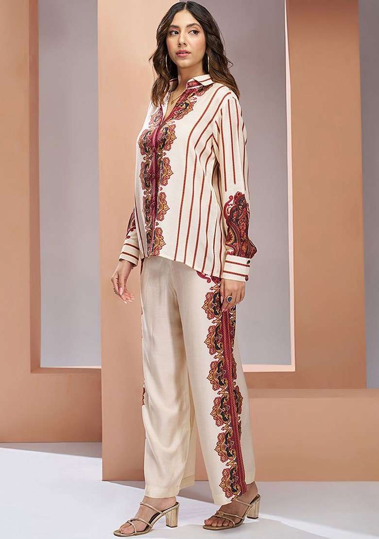 Cream Printed Poly Blend Fusion Set - Indya