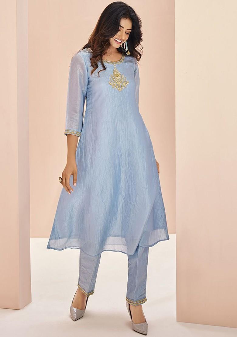 Blue Stone Work Poly Blend Kurta Sets