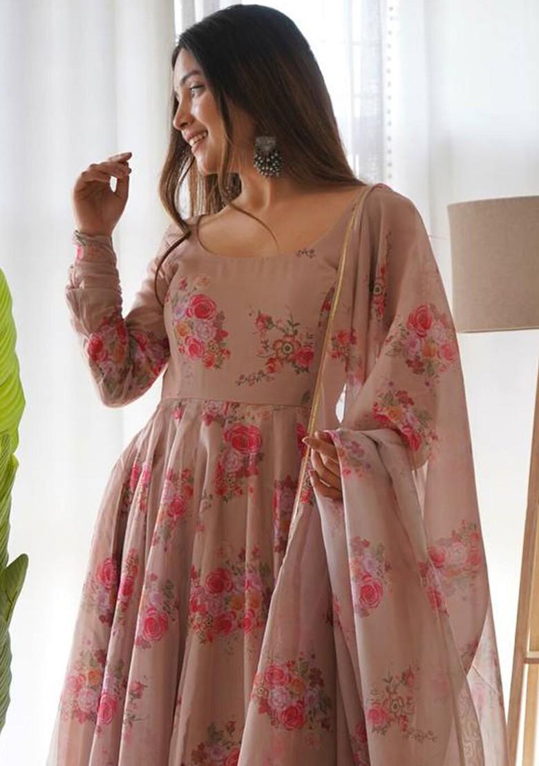Peach Printed Poly Blend Kurta with Dupatta