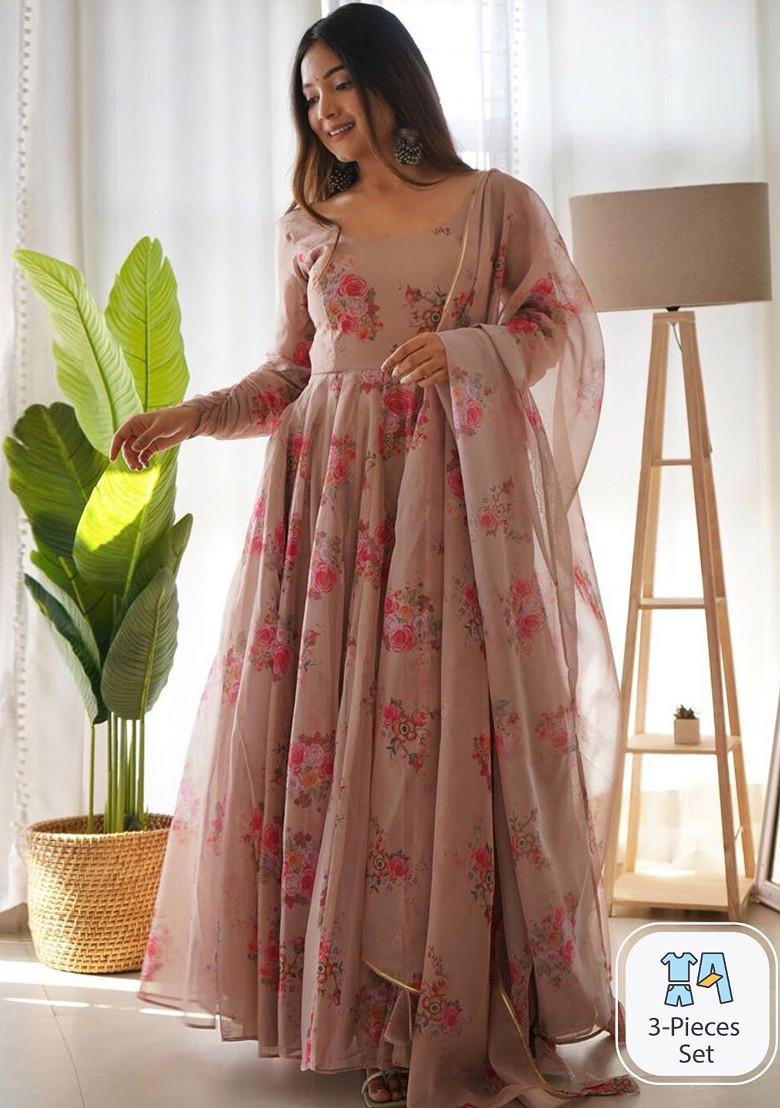 Peach Printed Poly Blend Kurta with Dupatta