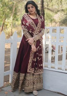 Maroon Sequin Embroidered Poly Blend Kurta with Dupatta