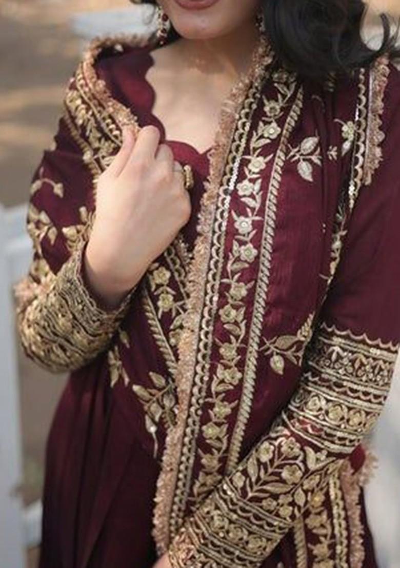 Maroon Sequin Embroidered Poly Blend Kurta with Dupatta