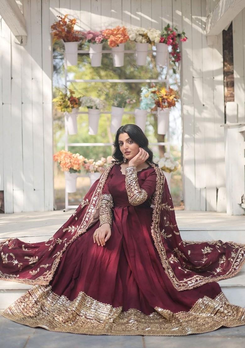 Maroon Sequin Embroidered Poly Blend Kurta with Dupatta