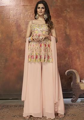 Peach Embroidered Poly Blend Kurta Sets