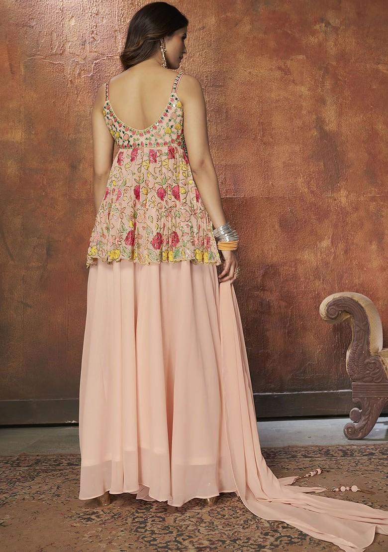 Peach Embroidered Poly Blend Kurta Sets