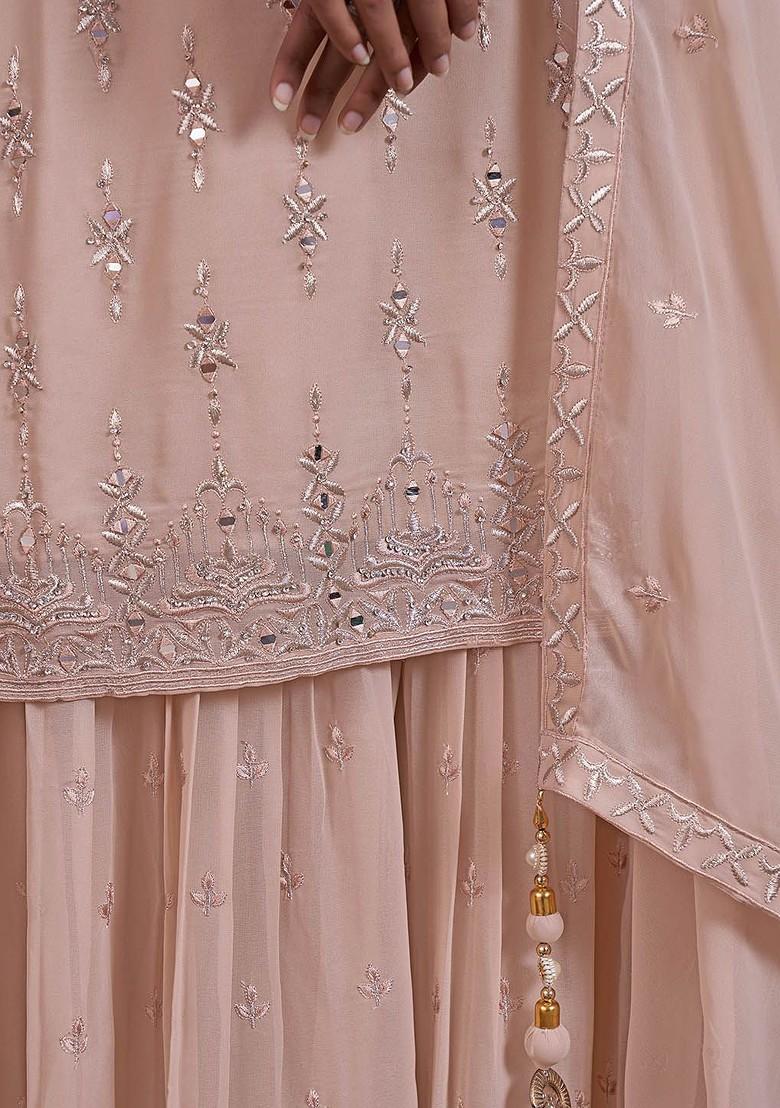 Peach Mirror Work Poly Blend Kurta Sets