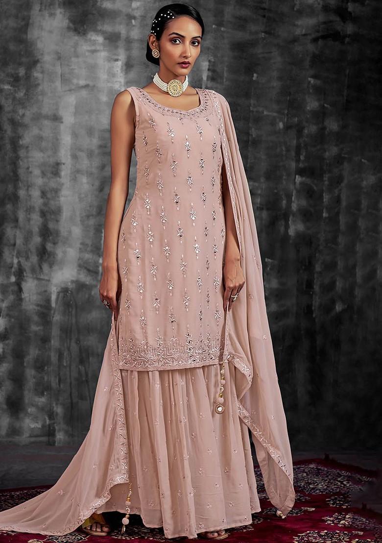 Peach Mirror Work Poly Blend Kurta Sets