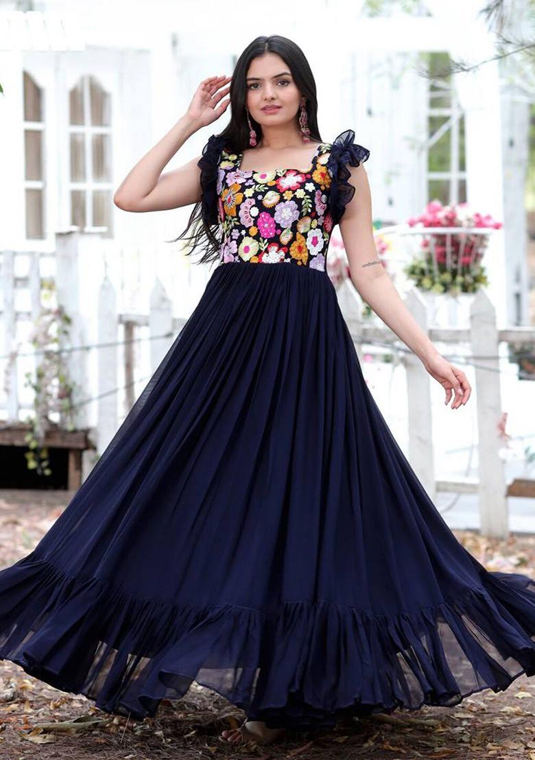 Blue Embroidered Poly Blend Kurta