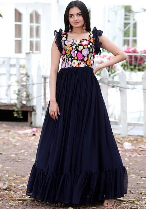 Blue Embroidered Poly Blend Kurta