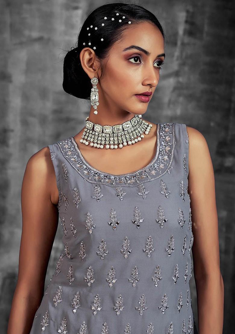 Grey Mirror Work Poly Blend Kurta Sets