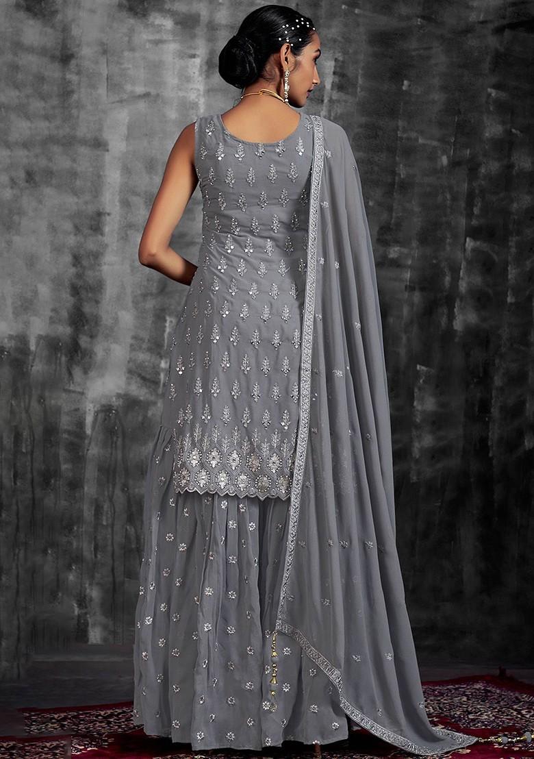 Grey Mirror Work Poly Blend Kurta Sets
