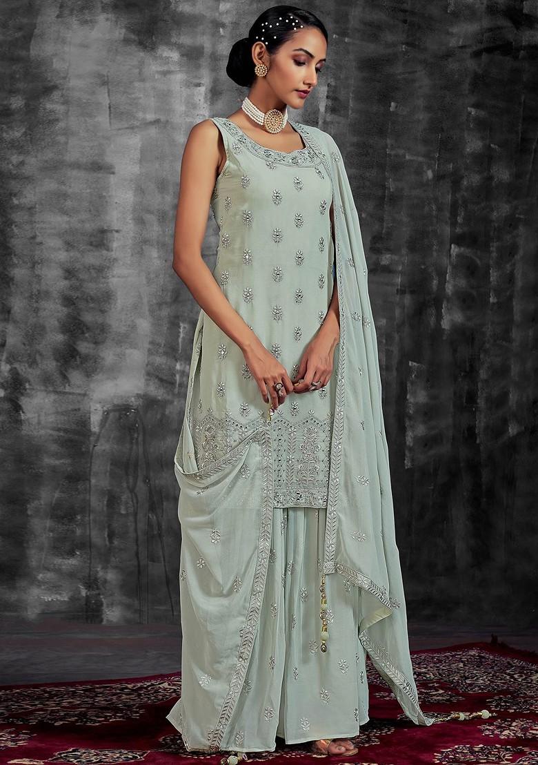 Green Mirror Work Poly Blend Kurta Sets