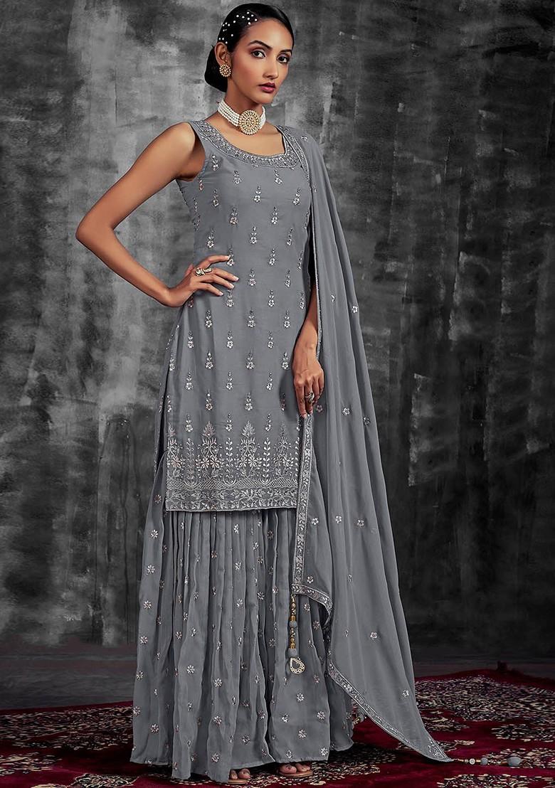 Grey Mirror Work Poly Blend Kurta Sets
