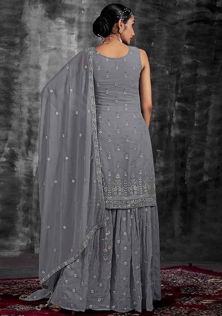 Grey Mirror Work Poly Blend Kurta Sets