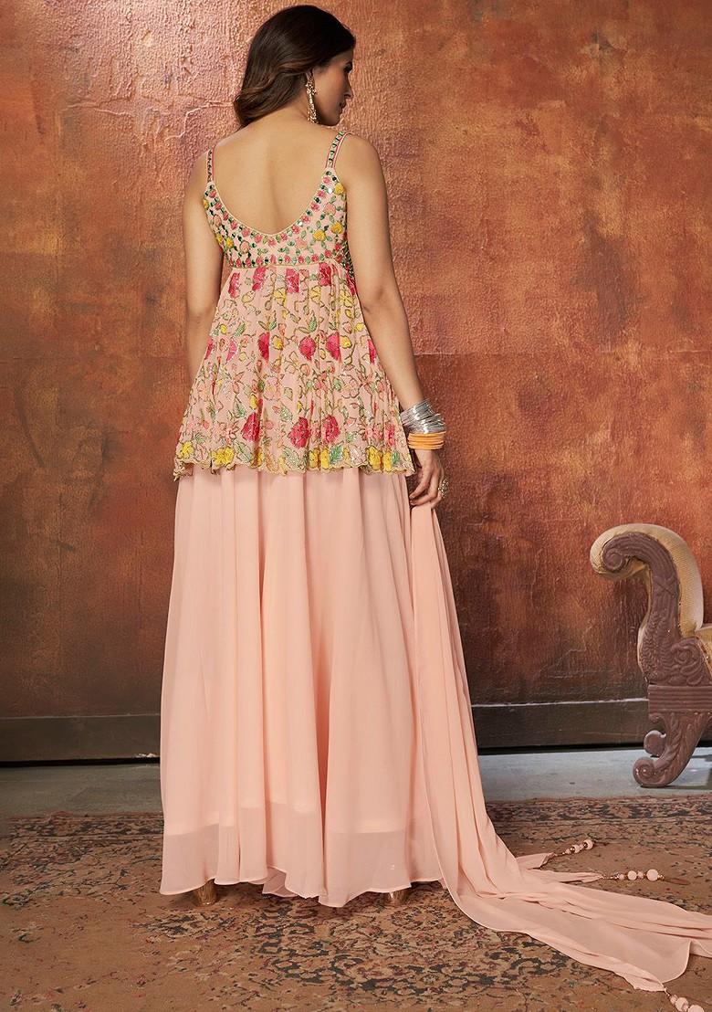 Peach Embroidered Poly Blend Kurta Sets