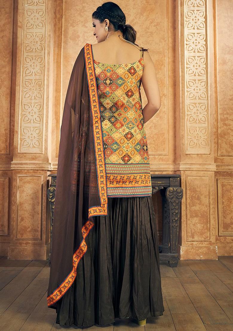 Brown Embroidered Poly Blend Kurta Sets