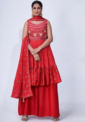 Red Mirror Work Poly Blend Kurta Sets