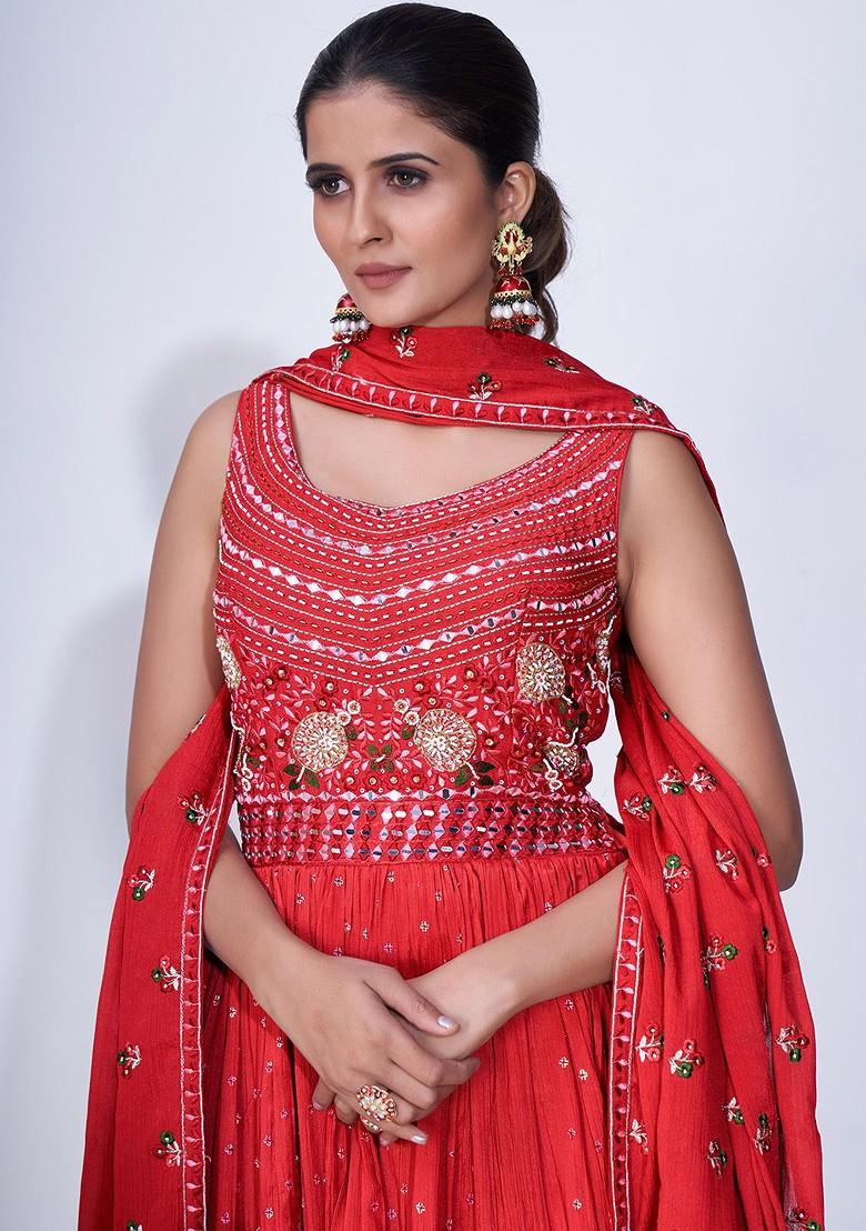 Red Mirror Work Poly Blend Kurta Sets