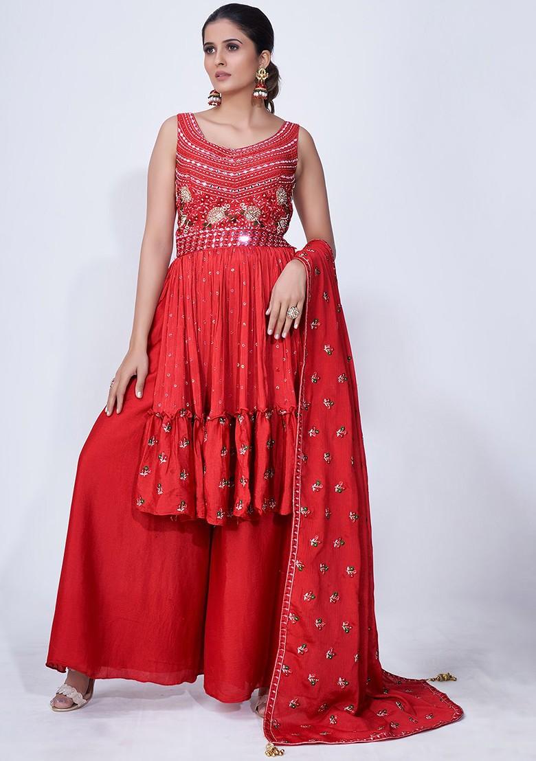 Red Mirror Work Poly Blend Kurta Sets