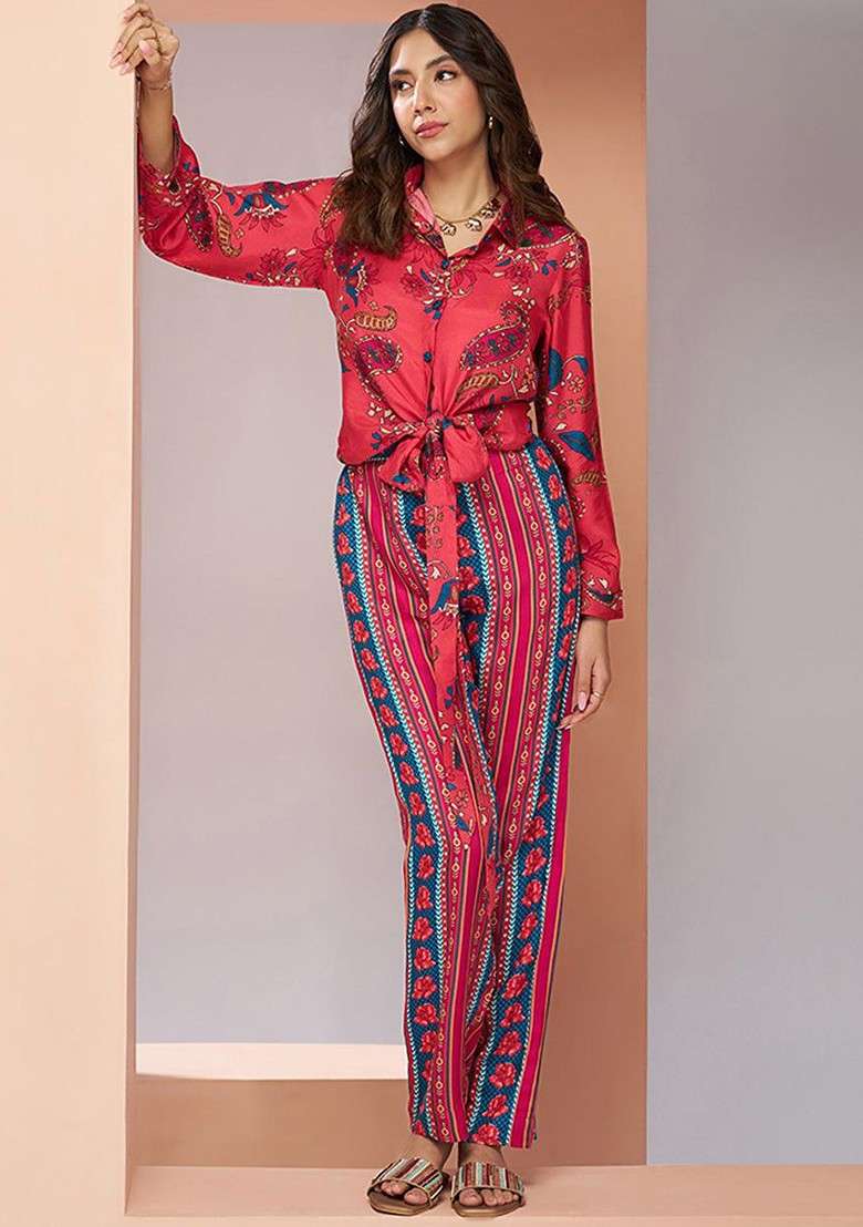 Coral Printed Poly Blend Fusion Set - Indya