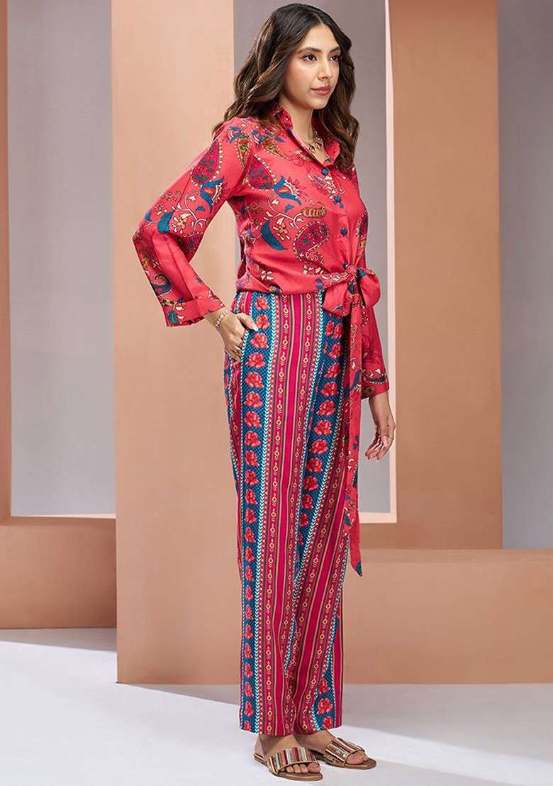 Coral Printed Poly Blend Fusion Set - Indya