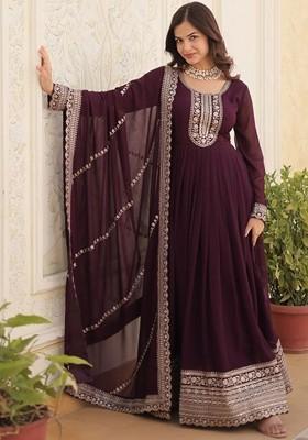 Purple Sequin Embroidered Poly Blend Kurta with Dupatta