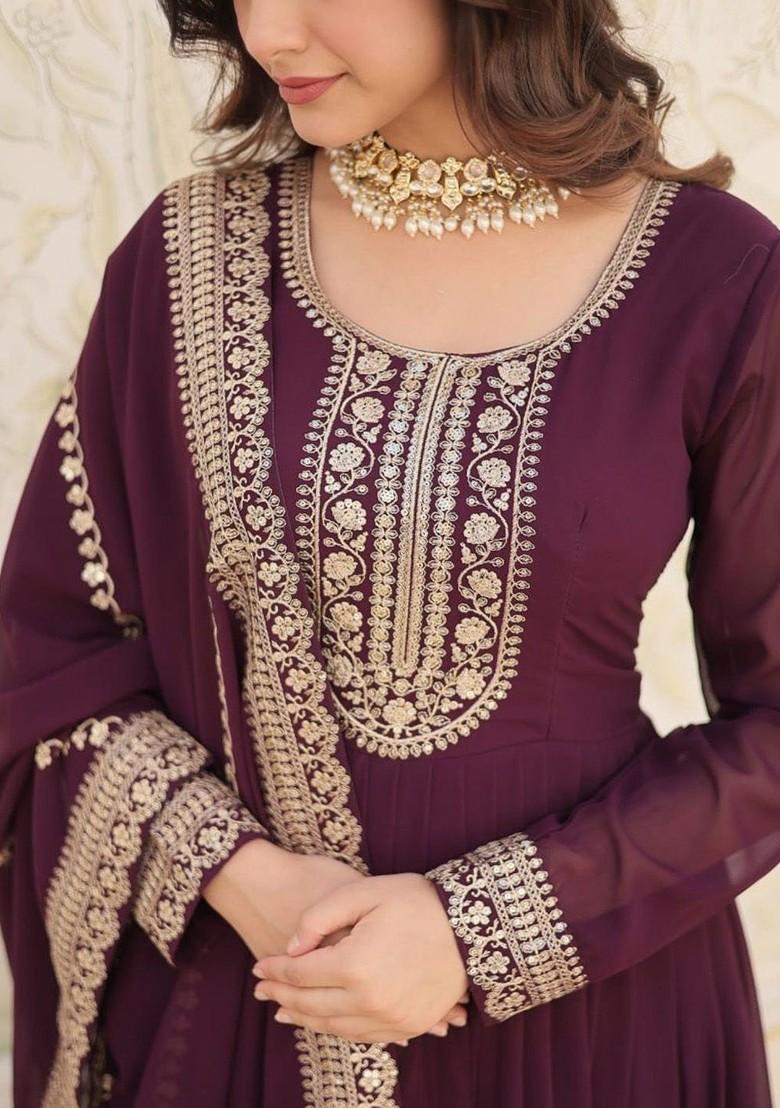 Purple Sequin Embroidered Poly Blend Kurta with Dupatta